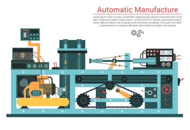 Vector flat illustration of complex engineering machine with pump, pipe, cable, cog wheel, transformation, rotating details. Industrial mechanical revolution of manufacturing equipment