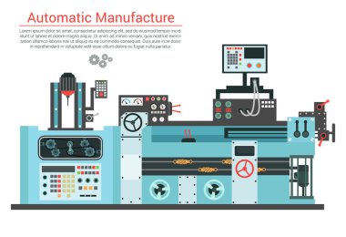 Vector flat illustration of complex engineering machine with pump, pipe, cable, cog wheel, transformation, rotating details. Industrial mechanical revolution of manufacturing equipment