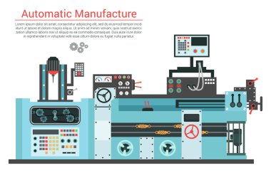 Vector flat illustration of complex engineering machine with pump, pipe, cable, cog wheel, transformation, rotating details. Industrial mechanical revolution of manufacturing equipment clipart
