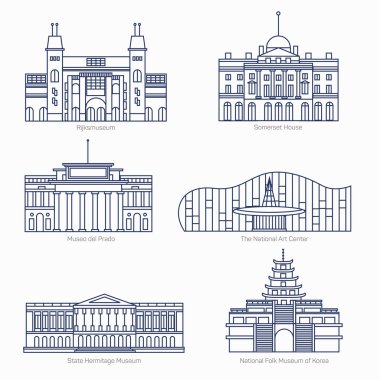 Anıtlar ince çizgi vektör simgeler. Amsterdam Devlet Müzesi, Somerset House, Ulusal Sanat Merkezi, devlet Hermitage Müzesi, Ulusal Halk Müzesi Kore. Ünlü dünya müze.