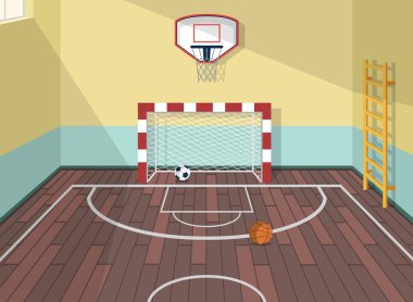 Enstitü, kolej, üniversite, okul spor odası Vektör düz illüstrasyon. Basketbol, futbol ve futbol topları. sağlık için merdiven ile. Ağlı kapı. Güneş ışınları ile Pencere