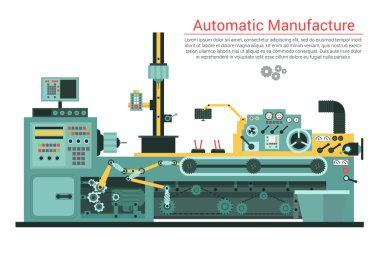 Vector flat illustration of complex engineering machine with pump, pipe, cable, cog wheel, transformation, rotating details. Industrial mechanical revolution of manufacturing equipment
