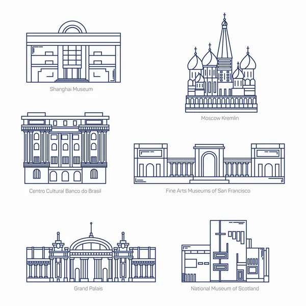 Monuments thin line vector icons. Shanghai museum, Moscow Kremlin, Bank of Brazil Cultural Center, Fine Arts Museums of San Francisco, Grand Palais, National museum of Scotland. Famous world museums. — Stock Vector