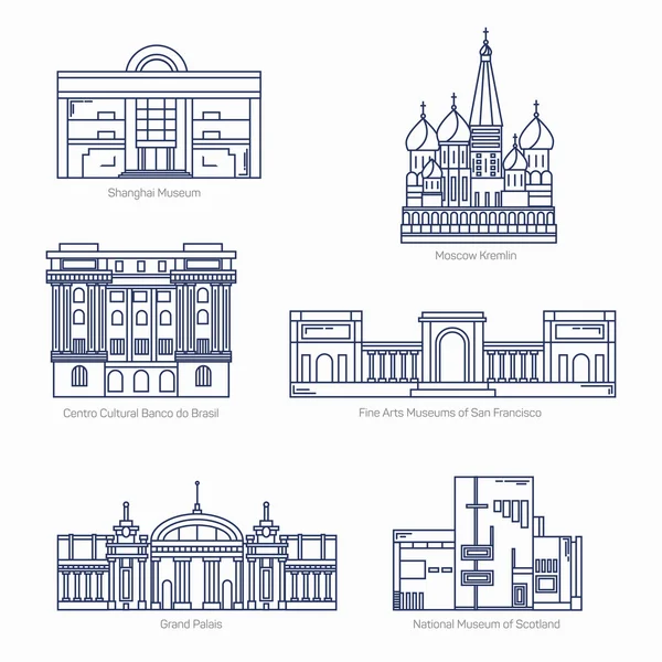 Monumentos delgada línea vectorial iconos. Shanghai Museum, Moscow Kremlin, Bank of Brazil Cultural Center, Fine Arts Museums of San Francisco, Grand Palais, National museum of Scotland. Museos famosos del mundo . — Vector de stock