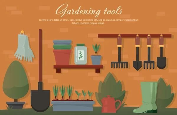 Vektorová plochá ilustrace zahradních zemědělských doplňků, nástrojů, nástrojů. Zařízení pro práci v půdě. Trošrecht, lopatka, ředkev, křoví, strom, rýč, gumové rukavice, hrnec s rostlinami a semeny — Stockový vektor