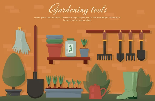 Vektor platt illustration av trädgård jordbruks tillbehör, verktyg, instrument. Utrustning för markarbeten. Murslev, spade, rädisor, buske, träd, spade, gummihandskar, kruka med växter och frön — Stock vektor