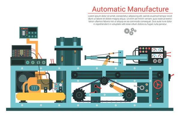 Vector flat illustration of complex engineering machine with pump, pipe, cable, cog wheel, transformation, rotating details. Industrial mechanical revolution of manufacturing equipment — Stock Vector