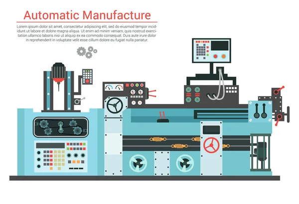 Vector flat illustration of complex engineering machine with pump, pipe, cable, cog wheel, transformation, rotating details. Industrial mechanical revolution of manufacturing equipment — Stock Vector