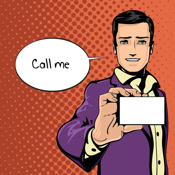Ilustración vectorial de exitosos hombres de negocios muestra tarjeta de visita en estilo de cómics de arte pop vintage. Gustos y sensación positiva. Gesto bueno, estar de acuerdo y sonreír . — Archivo Imágenes Vectoriales