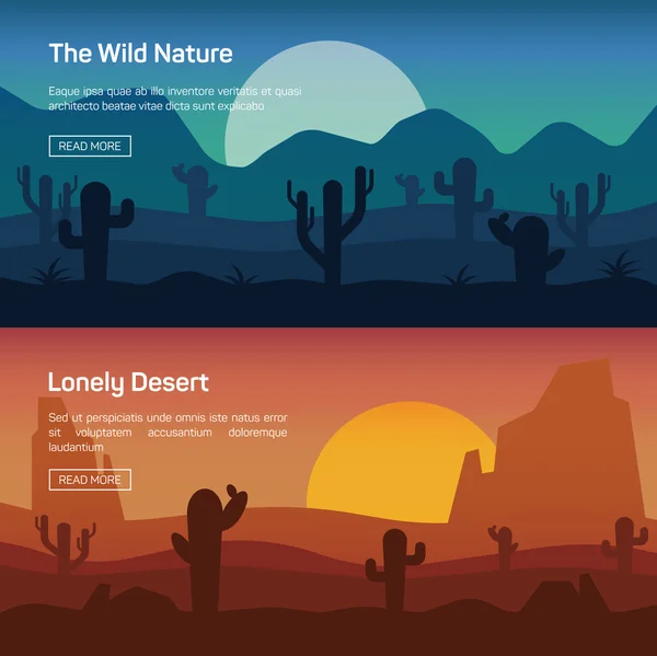 Horizontales Banner-Set mit einsamer Wüste und wilder Natur — Stockvektor