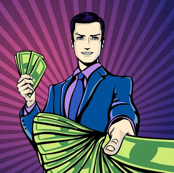 Vector illustration of successful businessman smiling counting money dollars, smirking in pop art comics retro style or cartoon style casting shadow, Halftone. Conception of charm. — Stock Vector