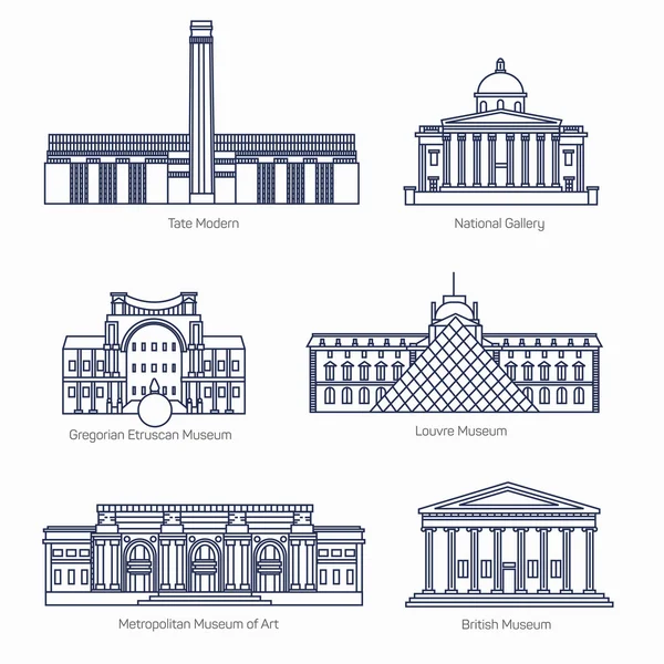 Monuments thin line vector icons. Tate Modern, National Gallery, Gregorian Etruscan Museum, Louvre, Metropolitan Museum of Art, British Museum.  Famous world museums. — Stock Vector