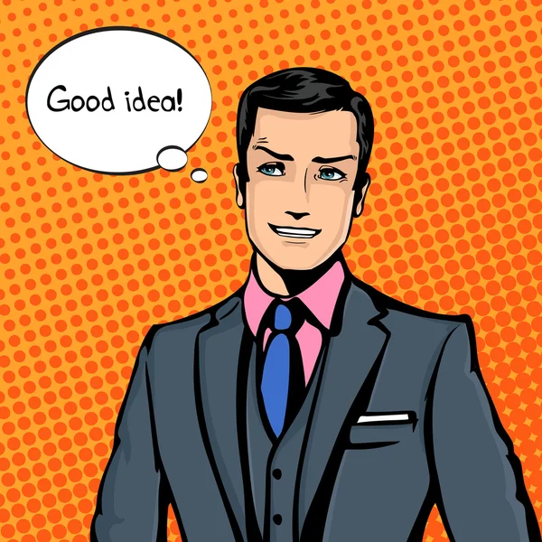Vector illustration of successful businessman smiling, smirking in pop art comics retro style or cartoon style casting shadow, Halftone. Conception of charm, charisma, captivation. — 스톡 벡터