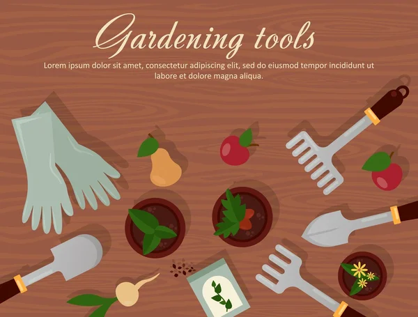 Vector platte illustratie van tuin landbouw accessoires, gereedschap, instrumenten. Apparatuur voor boerenerf. Troffel, schep, radijs, appel, peer, wortel, rubberen handschoenen, pot met planten en bloemen — Stockvector