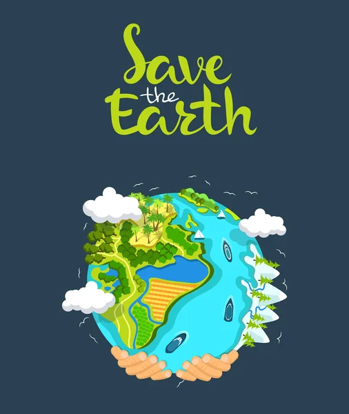 Concept du Jour de la Terre. Des mains humaines tenant un globe flottant dans l'espace. Sauver notre planète. Illustration isolée vectorielle de style plat. — Image vectorielle