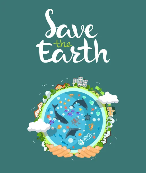 Concepto del Día de la Tierra. Manos humanas sosteniendo globo flotante en el espacio. Salva nuestro planeta. Estilo plano vector ilustración aislada. Ilustraciones de stock libres de derechos