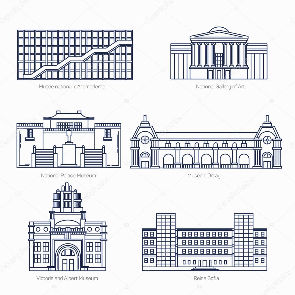 Monuments thin line vector icons. National Gallery of Art, National Palace Museum, Orsay, Victoria and Albert Museum, Sofia. Famous world museums. Eps 10
