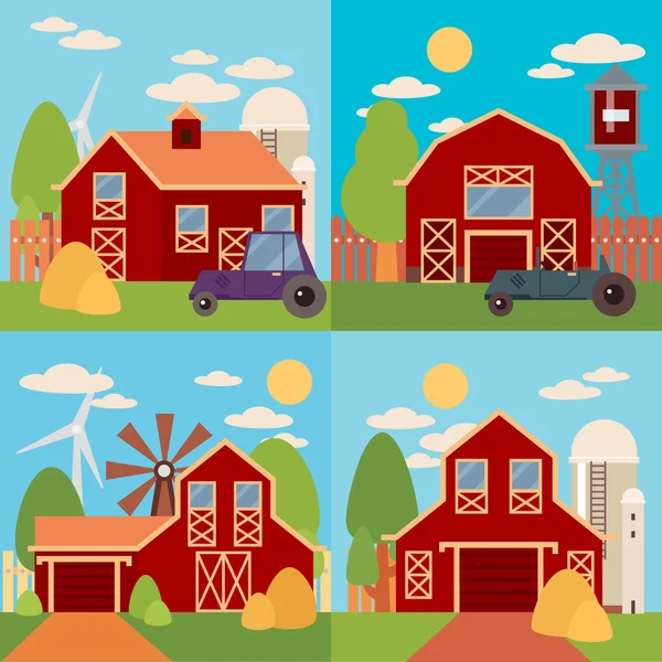 Granja en el pueblo plana Paisaje. Fondo natural, productos ecológicos . — Vector de stock