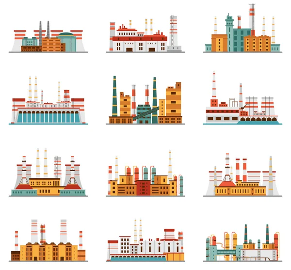 Industriële installatie en fabrieksinstellingen van pictogrammen — Stockvector