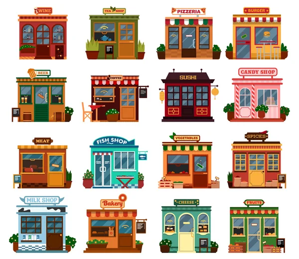 Collection exterior view of shop buildings — Stock Vector