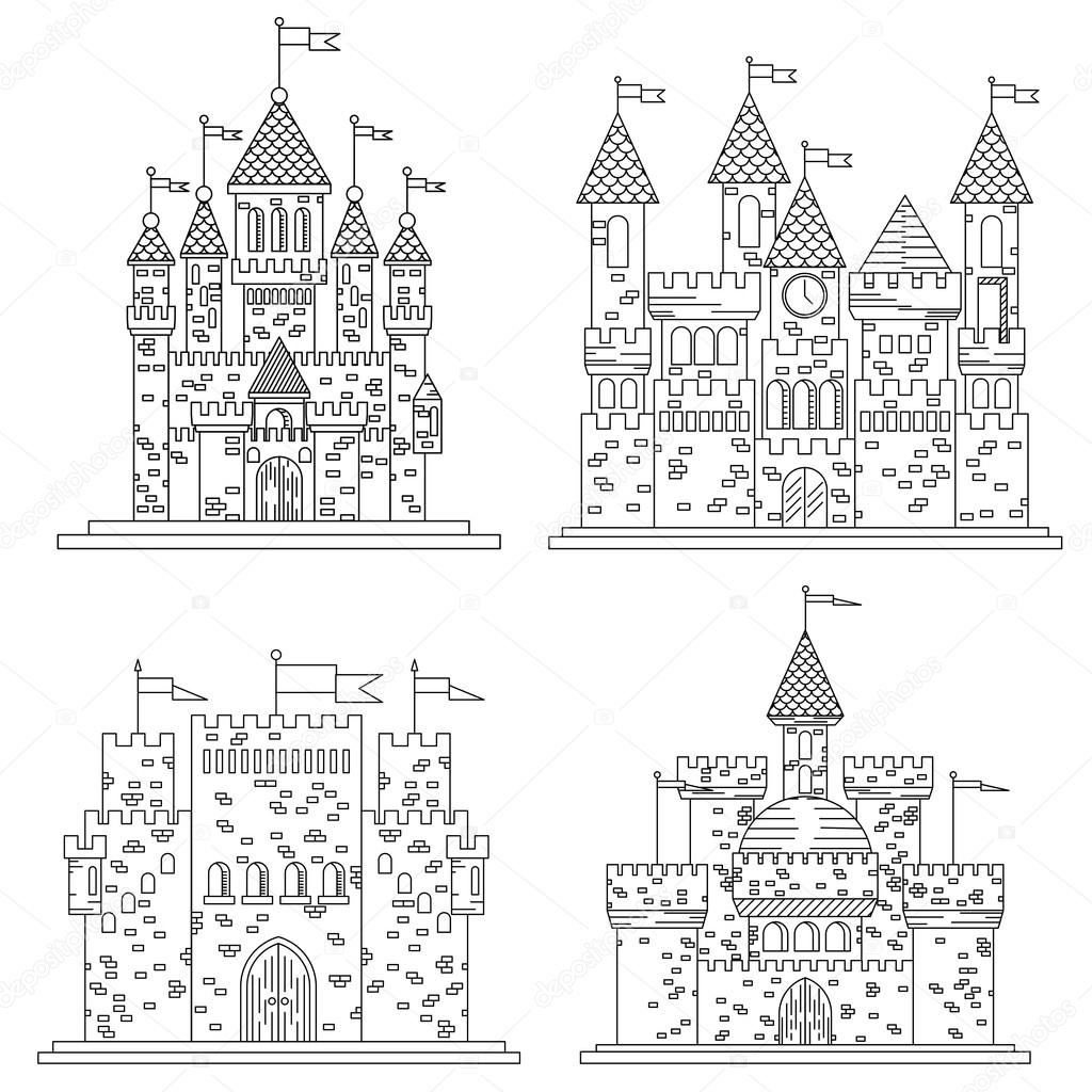 Sketch in thin line for medieval castles and fortress, citadel or chateau, royal or kings mansion or residence, stronghold or keep with flags on towers or turrets made of bricks on roof made of tile.
