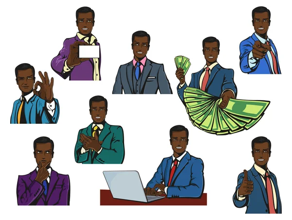 African or afro, black successful businessman with smirk or smile in cartoon or pop comics vintage style with variety gestures like thumbs up or O.K., applause or pointing finger — Stock Vector