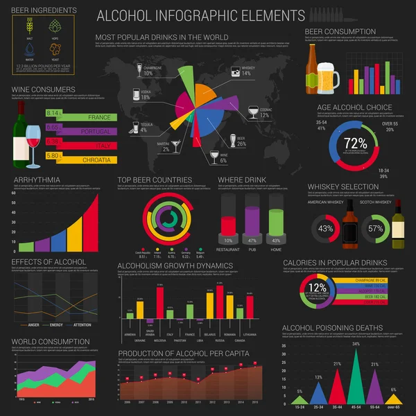 Alcol elementi infografici modello o layout con tondo e bar, cerchio e carte coniche vicino a bottiglie e bicchieri di birra e champagne, vodka e cognac, martini e tequila, mappa del mondo — Vettoriale Stock