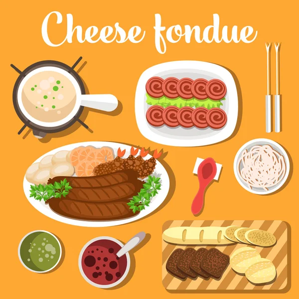 Queso derretido suizo o italiano, fondue francés con pan para sumergirse en sopa de bagna, ajo crudo y cuchara. Para uso de diseño de restaurante o menú — Archivo Imágenes Vectoriales