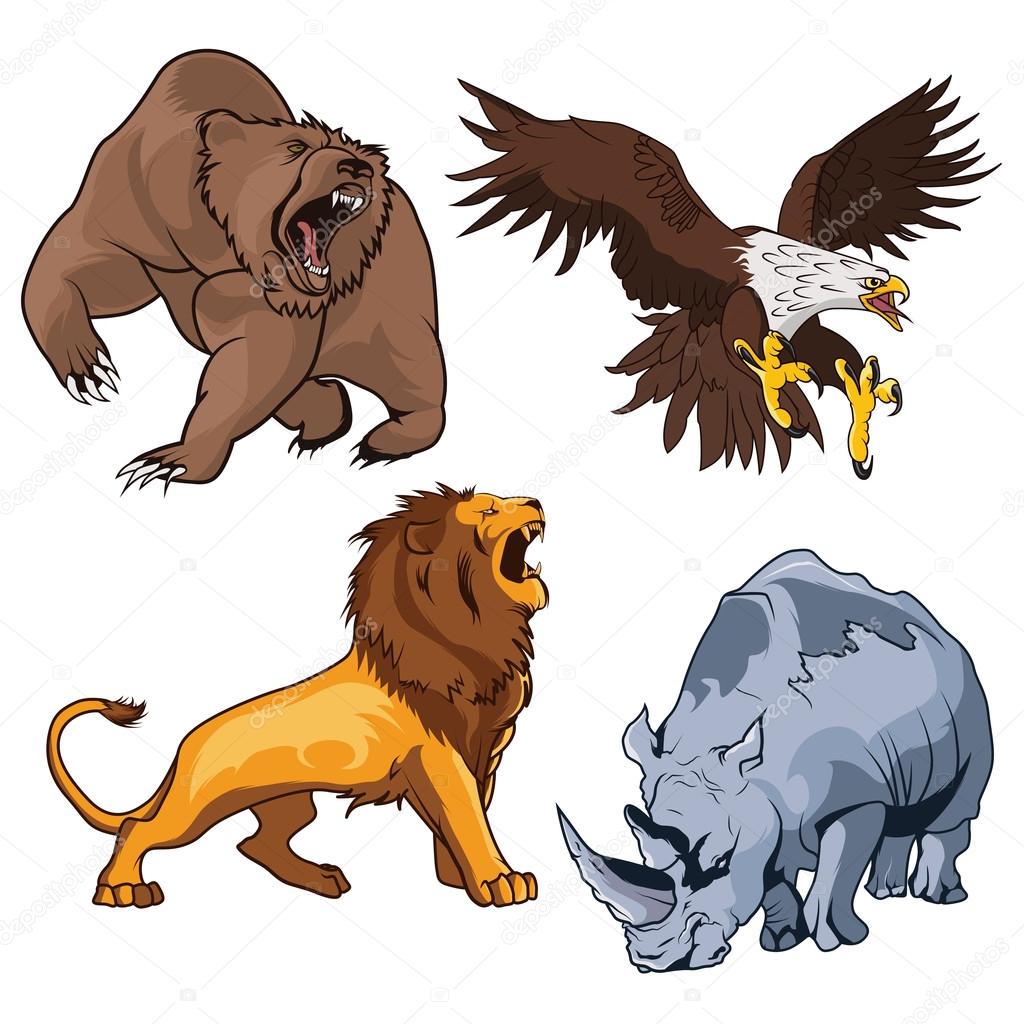 Safari terrifying feline lion with tail and roaring grizzly horribilis bear raising claw, zoo ferocious and dangerous rhino and belligerent eagle, hawk or falcon flying on the prey in cartoon style