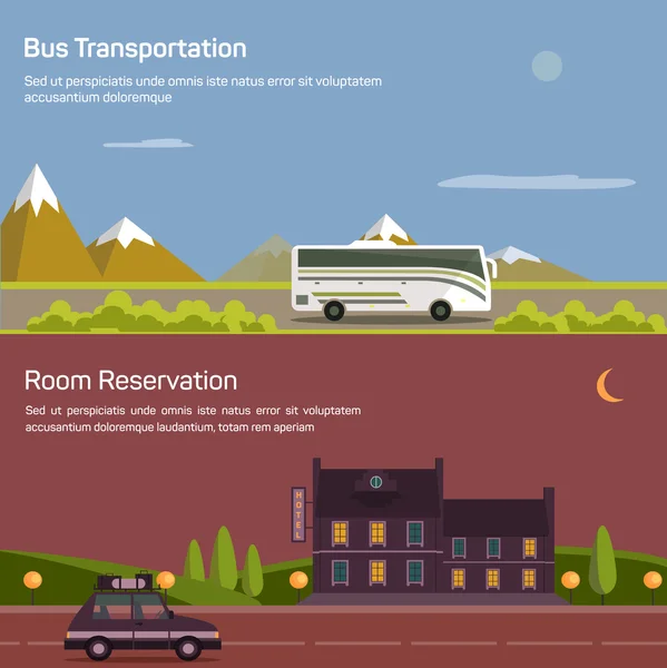 Buss och bil med bagage eller bagage på väg nära bergen och buskar under himmel med solen och månen. Hotell eller inn, Motell eller logi för rumreservation. Begreppet resande och turism — Stock vektor
