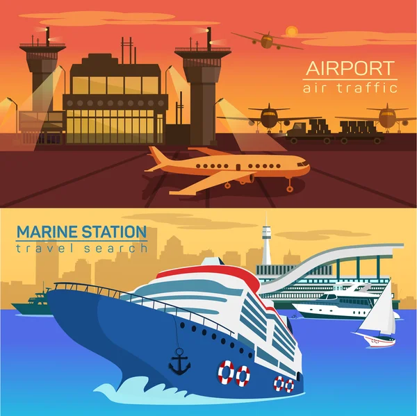 Luchthaven, vliegtuigen en zee of oceaan met schepen — Stockvector