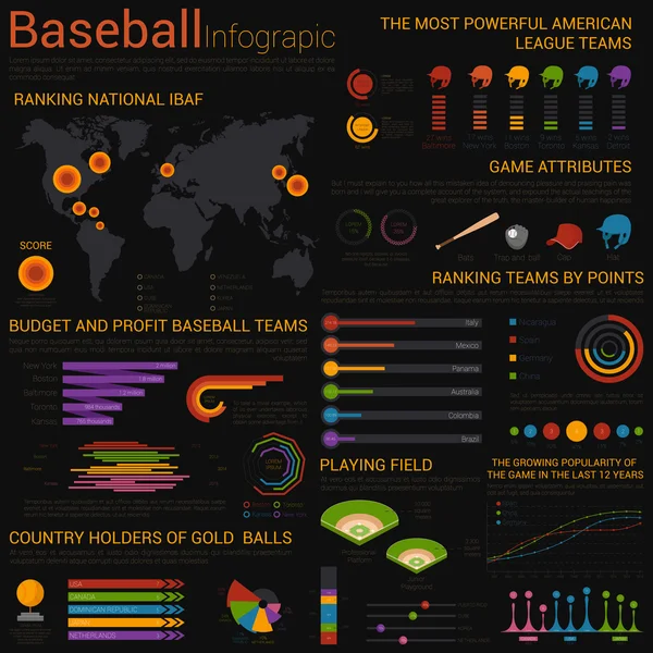 Modello infografico di baseball con grafici — Vettoriale Stock