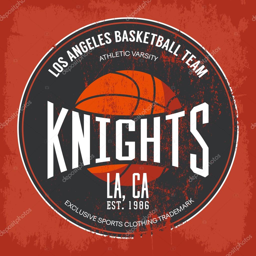 Knights basketball academy team logo or banner with orange ball and text in circle shape. For banner on sport gear or sportswear logotype or symbol, urban varsity or street t-shirt