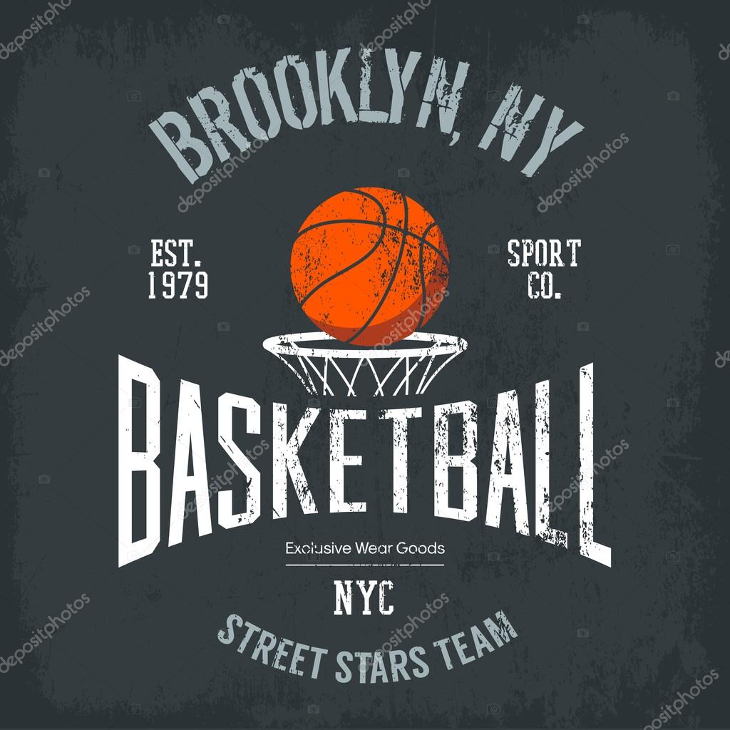 Streetball or urban sport team badge or sign, logo or banner of orange ball above basket with net. Varsity design for street sportswear or sport gear logotype on t-shirt