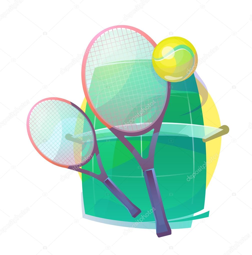 Illustration for tennis with wooden racks or rackets, racquet and ball with bleaks, grass court with net. Sport gear or equipment for regular or lawn,real outdoor tennis. Wimbledon or olympic theme