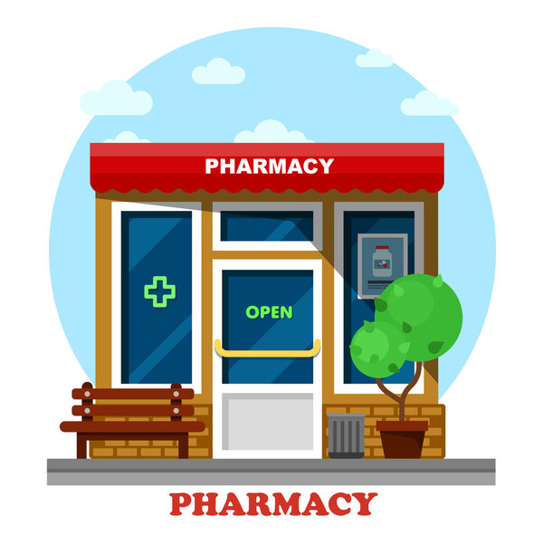 Pharmacy shop or store, drugstore building