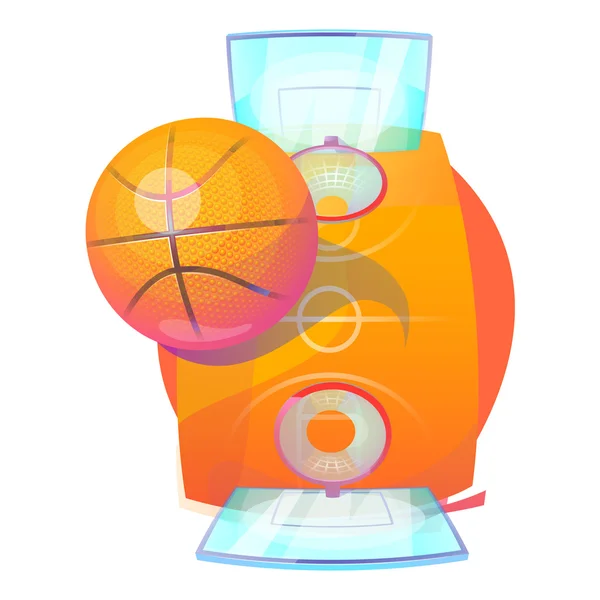 Bola laranja voadora de oito painéis de basquete com luz sombria sobre quadra ou arremesso com backboards e rede. Atividades esportivas profissionais internas. Para copos e campeonatos, tema do torneio — Vetor de Stock