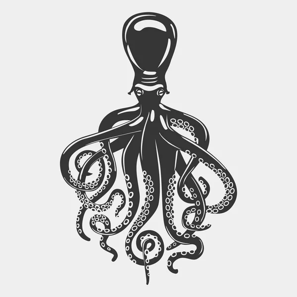 Octopus with flexible limbs extending from head and surrounding beaks, curved arms with suction cups and feeding tentacles. Cephalopod or mollusk, squid or cuttlefish for tattoo or mascot — Stock Vector