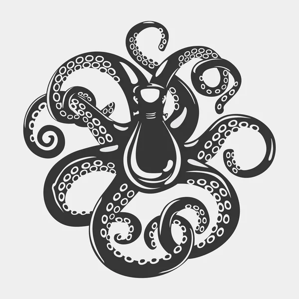 Cartoon black octopus with curved arms and suction cups on it, feeding tentacle. Spineless squid or underwater cuttlefish, scary mollusk and swimming cephalopod. For mascot or emblem, tattoo theme — Stock Vector