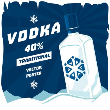 Soğuk ya da buz cam şişe votka ile etiket kar tanesi. Yüksek ruh içeren küvet cin içecek veya içki iç. Reklam için kullanılabilir bar veya Restoran