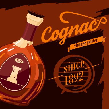 Cam şişe konyak ya da armagnac vintage veya retro, eski stil poster sur Kulesi etikette. Alkol içecek veya içki reklam. İçin kullanılan çubuğu veya restoran Tema