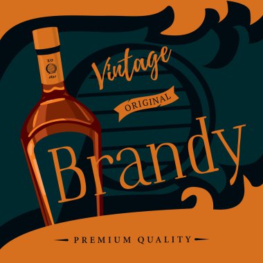 Eski stil konyak veya brandywine poster. Vintage veya retro reklam ruh distile şarap veya prina, püre. Cam şişe konyak veya armagnac. İçin çubuğu veya restoran Tema