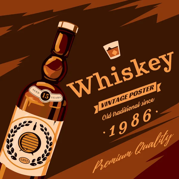 Whisky ou garrafa de uísque de vidro com grãos em adesivo e retro texto de qualidade premium ou vintage, cartaz de estilo antigo. Bebida alcoólica ou bebida alcoólica para bar e restaurante tema — Vetor de Stock