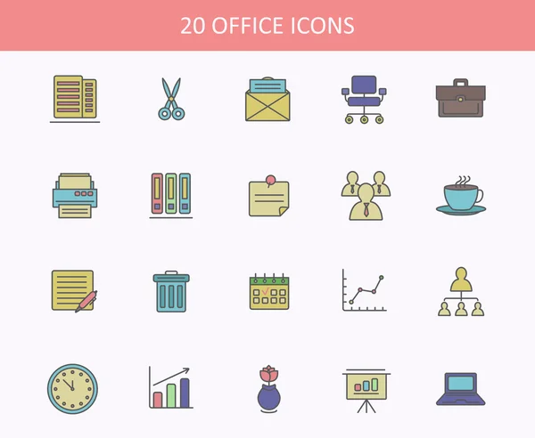 Web の Ui デザイン オフィスのアイコンのセットです。コピーの紙とはさみ、カット、封筒またはバッグ ペースト、椅子およびプリンター、蒸しのコーヒーとゴミ箱、カレンダーとグラフ用のシート — ストックベクタ