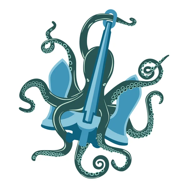 Blue cartoon octopus with suction cups and curvy arms around ocean anchor. Moluska bawah air dan cumi-cumi tak bertulang, sefalopoda laut dan cumi-cumi laut dengan tentakel makan. Untuk tema tato - Stok Vektor