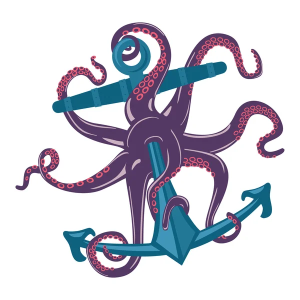 Cartoon blue octopus with tentacles and suction cups on anchor. Underwater cuttlefish or spineless mollusk,ocean or sea cephalopod with wavy arms,seafood squid. May be used for tattoo or mascot emblem — Stock Vector