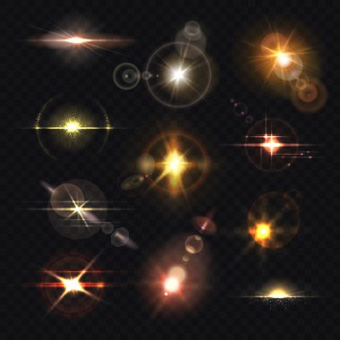 Glowing lens and shining sunrise or sunset shining, transparent sparkles and lambency sunbeam, incandescence and gleam of explosion, radiance of sun. Good for backgrounds of celebration invitation clipart