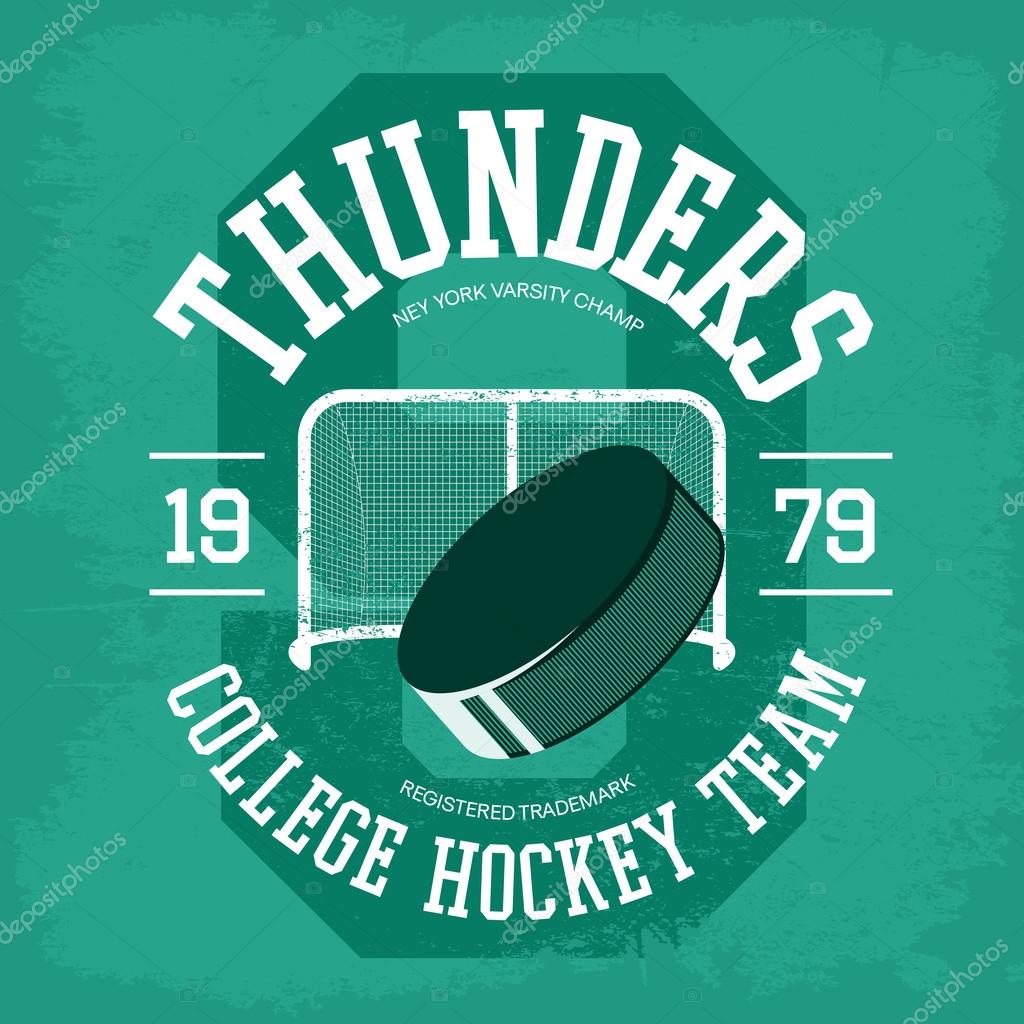 Puck for ice hockey in front of goal for college and university, school or professional team logo or banner, badge or logotype, sign. Sports gear or sportswear insignia design or print for t-shirts.