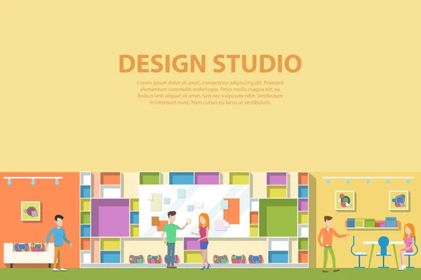 Yaratıcı grafik studio tasarım iç. Yaratıcı sanatçı kurumsal Reklam Ajansı Web boyalar veya reklam yapma. İşyeri veya çalışma alanı ile adam ve kadın kavramı fikirler hakkında söz. — Stok Vektör