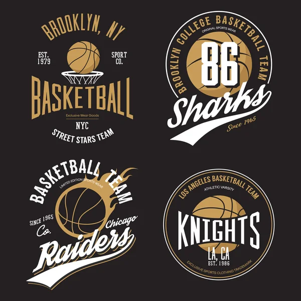 T-shirt design for basketball fans for usa new york brooklyn street team, knights college team and chicago raiders with balls emblems. Can be used for banner on sportswear or sport gear logotype — Stock Vector